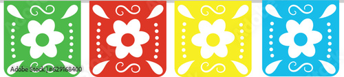 brightly colored paper banners with flowers and hearts hanging from them