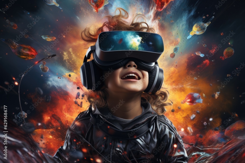 Boy wearing VR headset user, surreal world and virtual reality, colorful flowers fields. Generative AI Boy wearing VR headset user, surreal world and virtual reality, colorful flowers fields. Generative AI