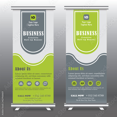 Roll up banner stand design, Banner Template. Presentation and Brochure Flyer. Template vertical pull up banner with green and ash color, Vector. 