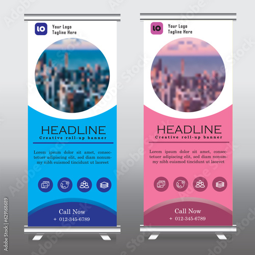 Roll up vertical banner stand template. Abstract background concept for business, education, presentation, advertisement. Editable vector illustration. Pink and blue color. pull up banner, 
