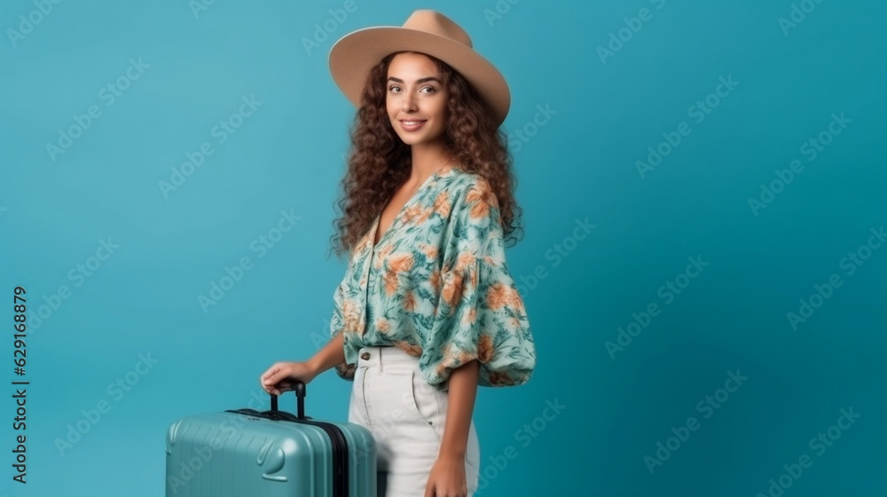 Happy young pretty fit tourist woman holding baggage going to travel on holidays isolated on blue background. copy space. Generated AI Happy young pretty fit tourist woman holding baggage going to travel on holidays isolated on blue background. copy space. Generated AI
