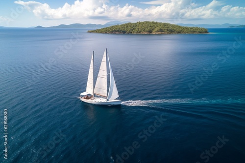 Aerial view of big sailboat on tropical sea near island