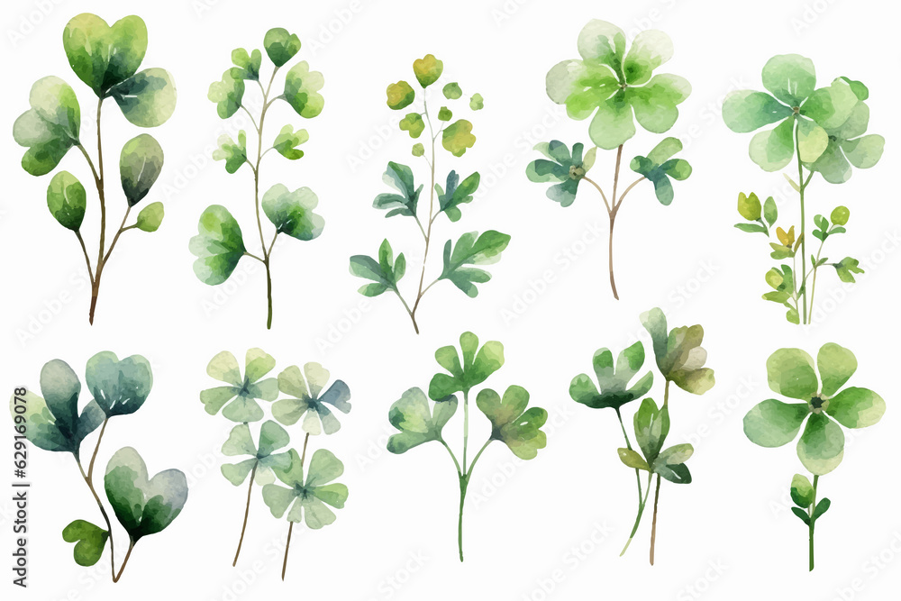 Lucky clover leaves with four leaf. Patricks day watercolor clipart