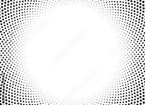 Halftone dotted pattern. Pop art radial gradient background. Comic half tone radial texture. Optical spotted effect. Black white banner. Abstract design. Monochrome vector illustration