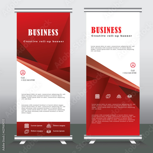 Red Roll Up Banner template vector illustration, vertical roll up banner with blue color, geometric,  background ,standy design , display, advertisement 