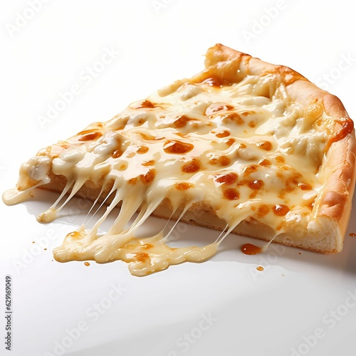 closeup of a slice of cheese pizza with dripping Melt mozzarella isolated on white background