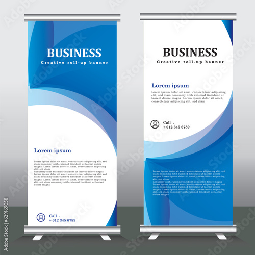 Business Roll up banner vertical template design, for brochure, business, flyer, modern x-banner and flag-banner advertising. Template vertical roll up banner with blue color, vector illustration