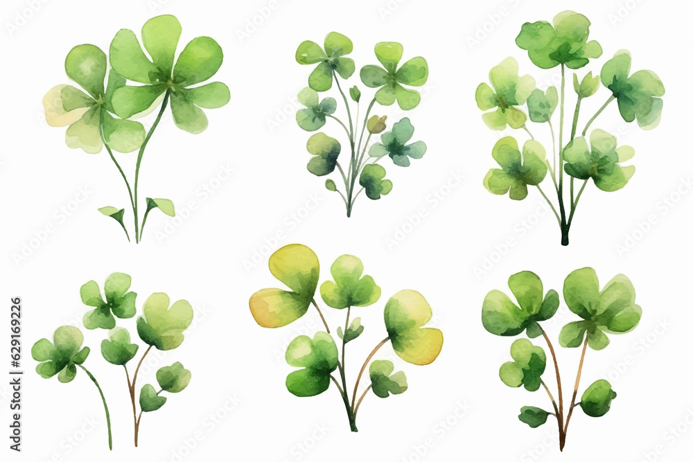 Lucky clover leaves with four leaf. Patricks day watercolor clipart Lucky clover leaves with four leaf. Patricks day watercolor clipart
