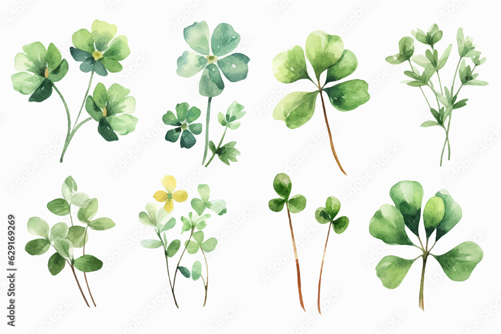 Lucky clover leaves with four leaf. Patricks day watercolor clipart