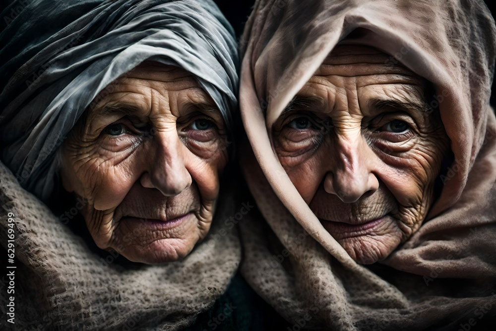 TWO SENIOR SISTERS WEARING HEAD SCARVES TWO SENIOR SISTERS WEARING HEAD SCARVES