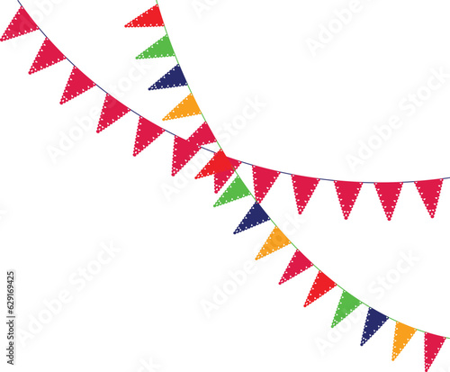 there are many colorful flags hanging from a string on a white background