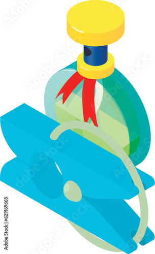 Drying laundry icon isometric vector. Blue plastic clothespin and perfume bottle. Laundry, drying, household