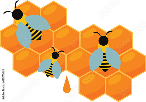 there are three bees that are standing on a honeycomb
