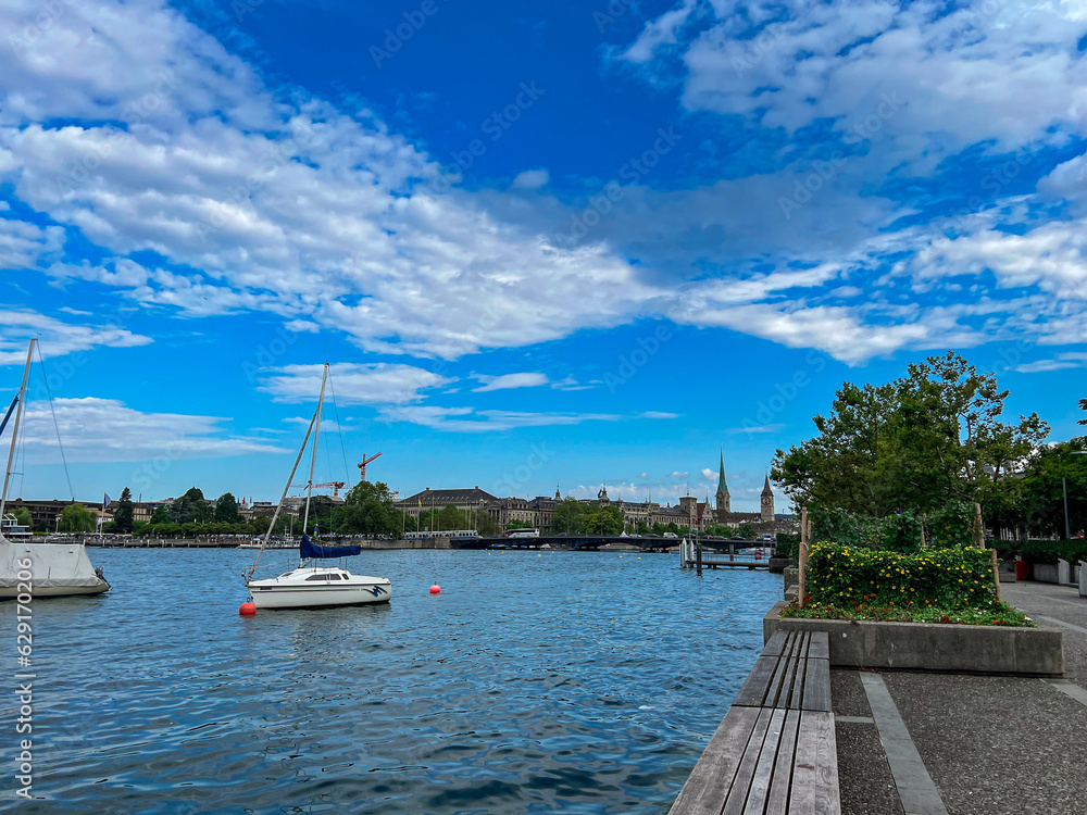 Panoramic view of the Zurich lake promenade in summer