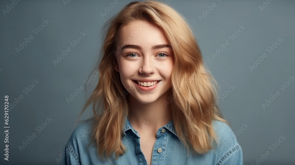 Pretty happy smiling joyfully female with fair hair, dressed casually, looking with satisfaction at camera, being happy. Studio shot of good-looking beautiful woman isolated on gray. Generated AI Pretty happy smiling joyfully female with fair hair, dressed casually, looking with satisfaction at camera, being happy. Studio shot of good-looking beautiful woman isolated on gray. Generated AI