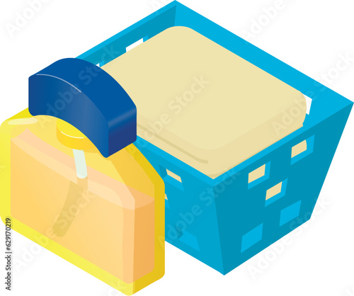 Folded clothing icon isometric vector. Stack of washed clothes and perfum bottle. Clean clothes, household