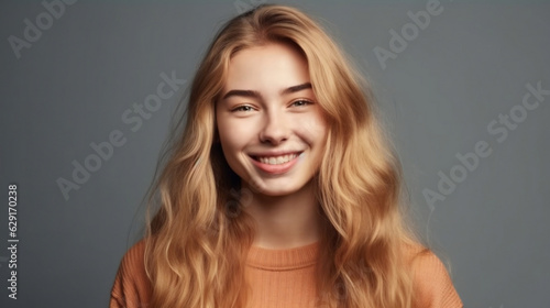 Pretty happy smiling joyfully female with fair hair, dressed casually, looking with satisfaction at camera, being happy. Studio shot of good-looking beautiful woman isolated on gray. Generated AI 