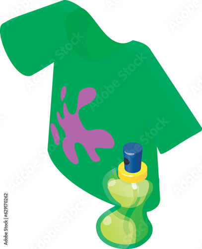 Dirty clothing icon isometric vector. Green tshirt with stain and perfume bottle. Dirty clothes, washing, housework