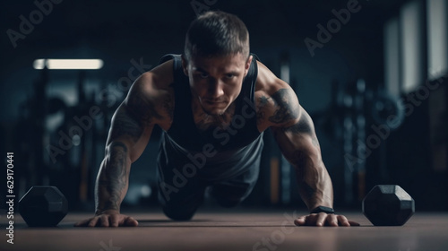 Strong young man exercising workout in gym. Sporty male workout in sports club. Young man has fitness workout. Male athlete does exercise, sport and training. Healthy lifestyle. Generated AI 