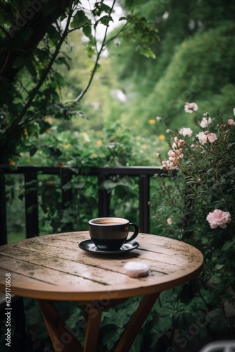 a cup of coffee on a table in a beautiful lush spring garden