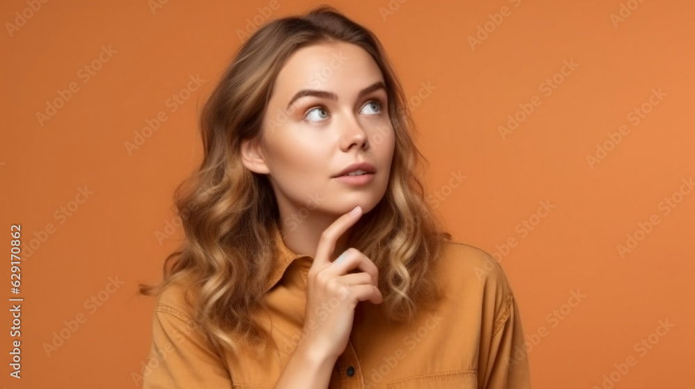 Portrait of a young woman in orange shirt with a finger on her mouth looking up thinking, isolated on orange studio background. Generated AI Portrait of a young woman in orange shirt with a finger on her mouth looking up thinking, isolated on orange studio background. Generated AI
