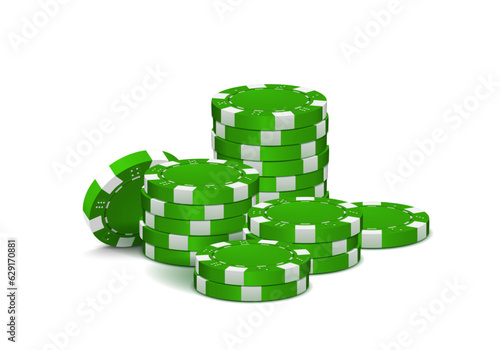 Green poker chips on white background. Vector illustration.