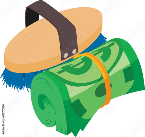 Equestrian accessory icon isometric vector. Dollar bill and horse grooming brush. Horseback riding, hobby