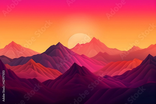 Abstract graphics of a sunset behind the mountains in intense colors, generative ai
