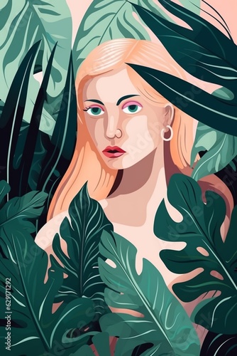 Beautiful women and tropical leaves