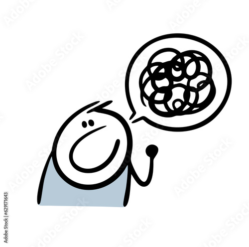 Doodle hand drawn rude cartoon person man shakes his fist and swears bad words. Vector illustration of formidable stickman and a negative mood.