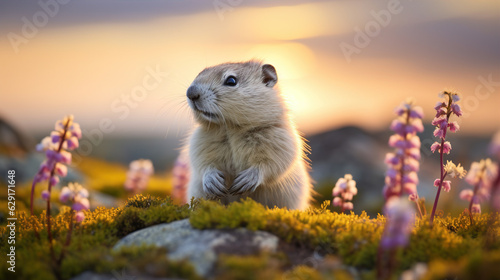 Arctic Lemmings Among Wildflowers: Description: This charming scene features Arctic lemmings amidst colorful Arctic wildflowers