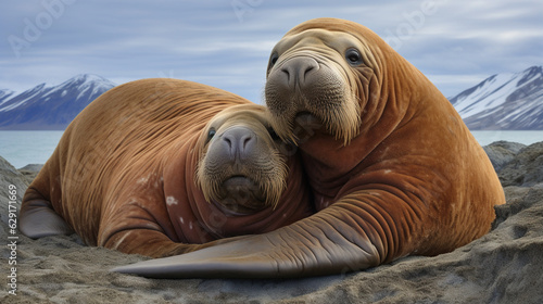 Walrus Calf with Mother: Description: A heartwarming moment captured as a walrus calf snuggles up to its protective mother. The scene highlights the strong bonds within the walrus family groups