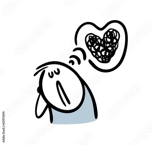 Frustrated cartoon stickman teenager is sad about unrequited love. Vector doodle illustration of the unfortunate guy and heart shaped comics bubble.