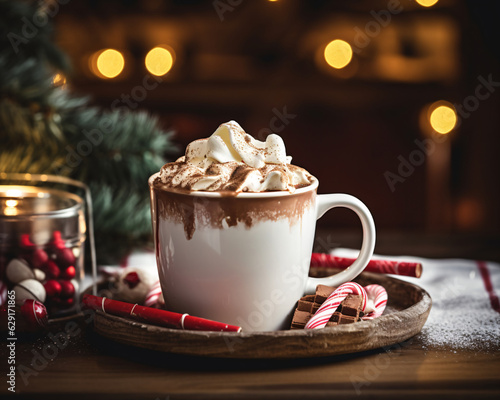 white mug filled with hot chocolate and topped with whipped cream dusted with cocoa powder, on a wooden tray with candy canes, against a dark blurry wooden shelf and a small Christmas tree.