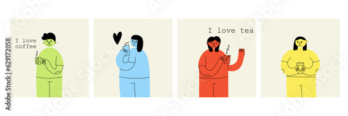 People with drinks. Modern colorful minimal characters hold tea in mugs and cappuccino or espresso in takeaway glasses. Warm beverages lovers, contemporary persons vector cartoon flat isolated set