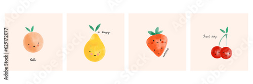 Watercolor fruits. Cute cartoon characters with eyes and smiles, peach or orange, pear strawberry and cherry. Hand drawn lettering. Decor elements for childish nursery, textile decor. Vector set