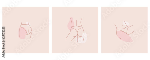 Woman parts. Female outline body in swimsuit or underwear elements. Hand drawn pastel pink minimal cards. Sexy skin and plus size female characters in bra and panties posters, vector isolated set