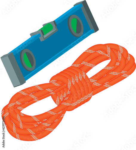 Climber equipment icon isometric vector. Folded red rope and construction level. Alpinism, mountaineering concept