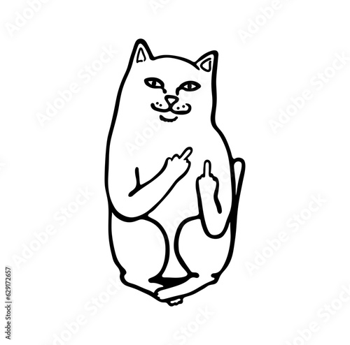 Vector isolated cute cartoon funny white cat showing two middle fingers fuck ripndip brand print colorless black and white easy doodle drawing