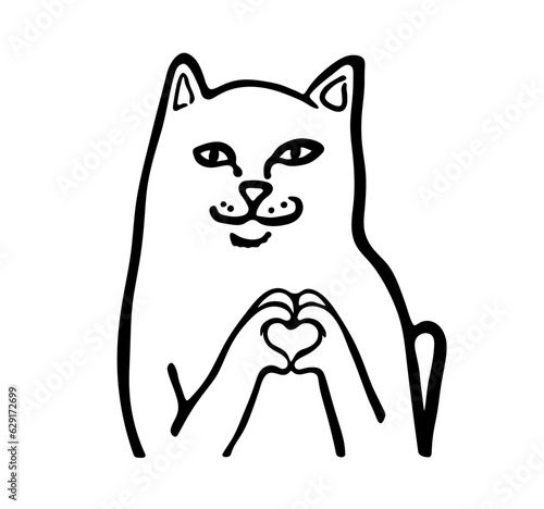 Vector isolated cute cartoon funny white cat showing figers heart hand gesture ripndip brand print colorless black and white easy doodle drawing