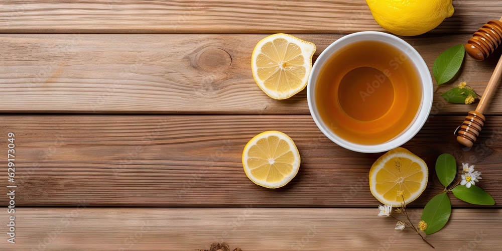 Natural wellness. Closeup of cup on wooden table with fresh lemon and organic honey Natural wellness. Closeup of cup on wooden table with fresh lemon and organic honey