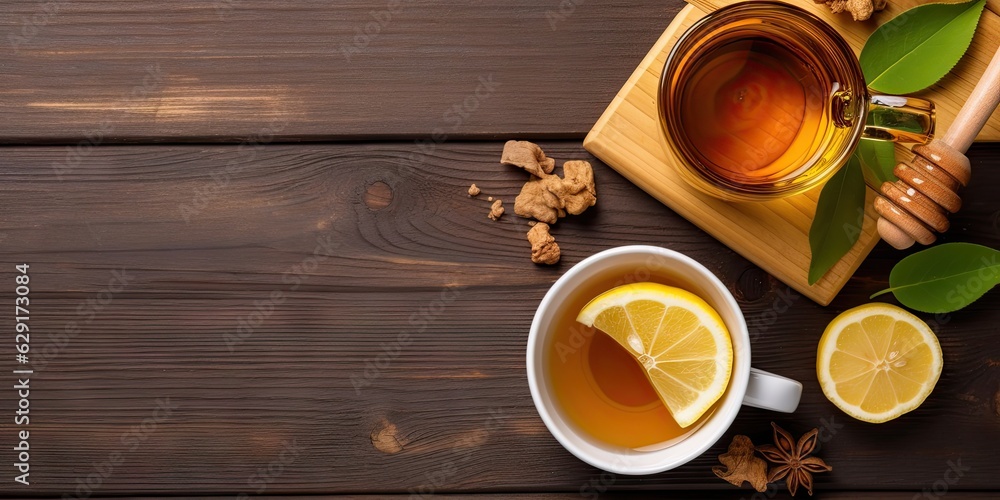 Natural wellness. Closeup of cup on wooden table with fresh lemon and organic honey Natural wellness. Closeup of cup on wooden table with fresh lemon and organic honey