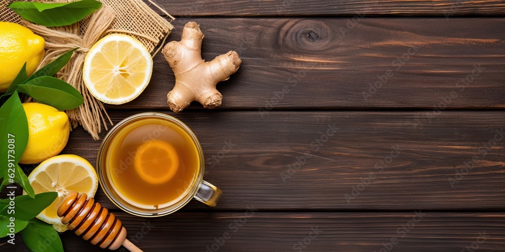 Natural wellness. Closeup of cup on wooden table with fresh lemon and organic honey Natural wellness. Closeup of cup on wooden table with fresh lemon and organic honey