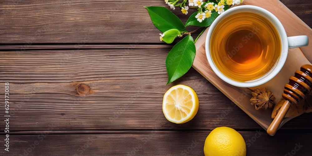 Natural wellness. Closeup of cup on wooden table with fresh lemon and organic honey Natural wellness. Closeup of cup on wooden table with fresh lemon and organic honey