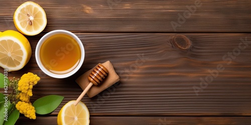 Natural wellness. Closeup of cup on wooden table with fresh lemon and organic honey