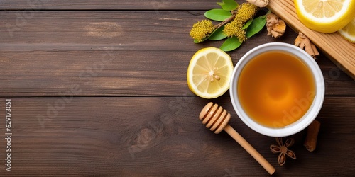 Natural wellness. Closeup of cup on wooden table with fresh lemon and organic honey