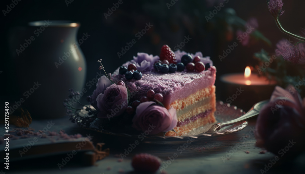 A piece of berry cake in a pink and vintage atmosphere for a romantic evening. Created with AI