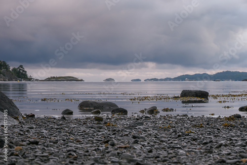 An early summer morning in Sandefjord, Norway with thick clouds hanging over the fjord. photo