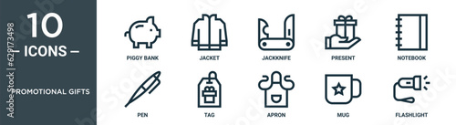 promotional gifts outline icon set includes thin line piggy bank, jacket, jackknife, present, notebook, pen, tag icons for report, presentation, diagram, web design
