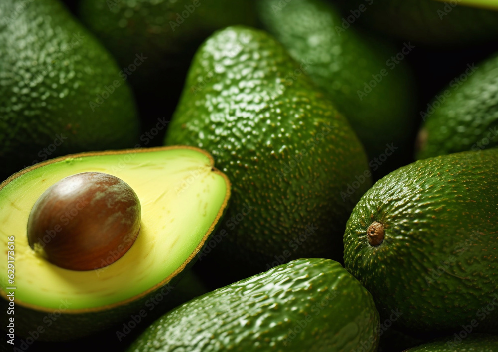 Close up fresh ripe green healthy avocados.Macro.AI Generative Close up fresh ripe green healthy avocados.Macro.AI Generative